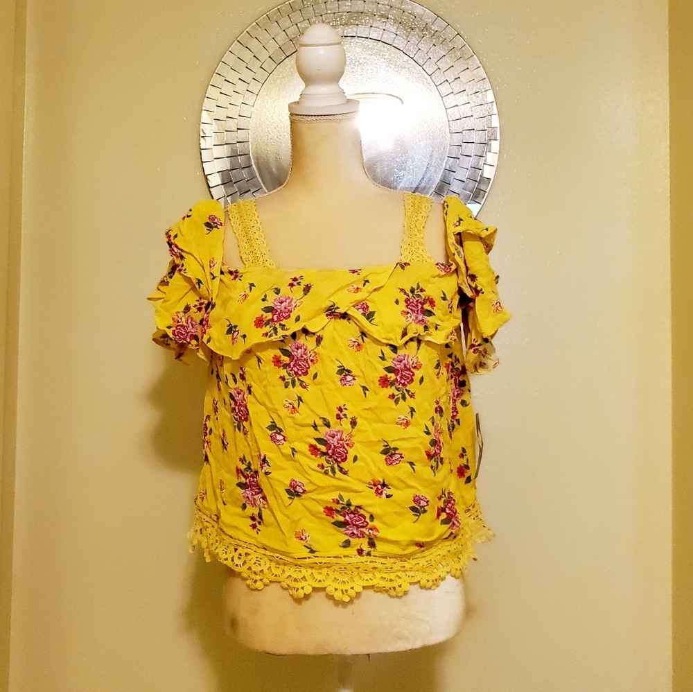 Women's NO BOUNDARIES Floral Blouse Shirt Yellow Sz L NWT